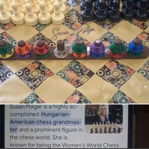 Chessboard , Susan Polgar ,Colorful Chess Set with Black and Cream Pieces